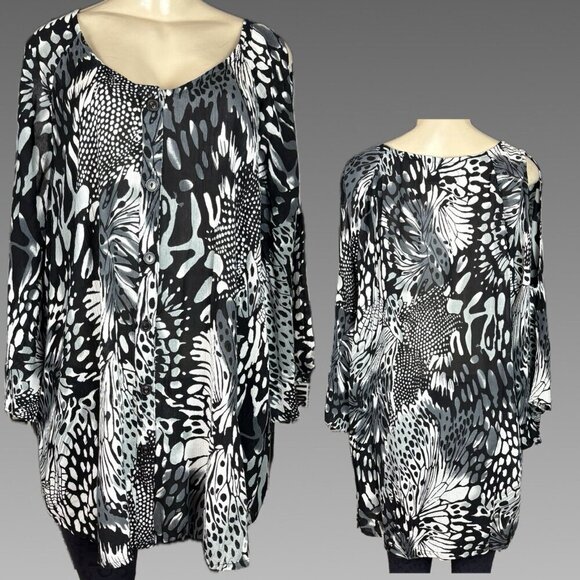 Roaman's + 18W Black-White Floral Button Down Cold Shoulder 3/4 Sleeve Shirt - Picture 1 of 6